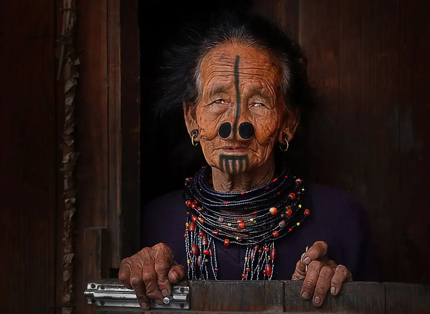 Apatani woman with traditional facial tattoos, Ziro Valley