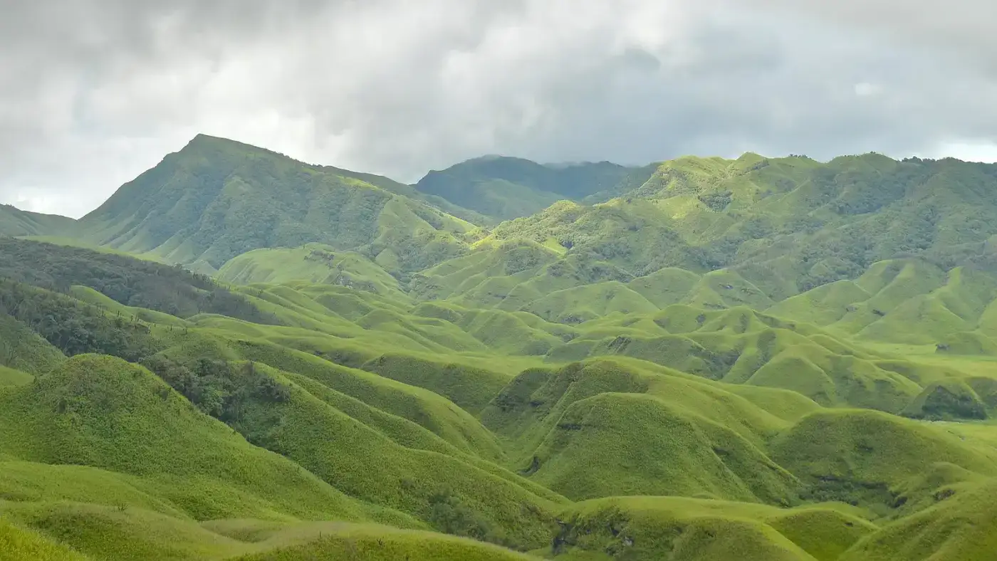 Green ridges on the trek toward Japfu and Dzukou, Kohima district