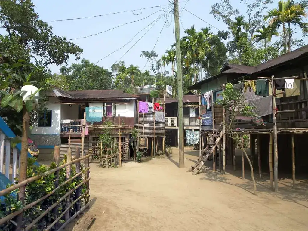 Street of wooden houses in a Khasi village, Meghalaya