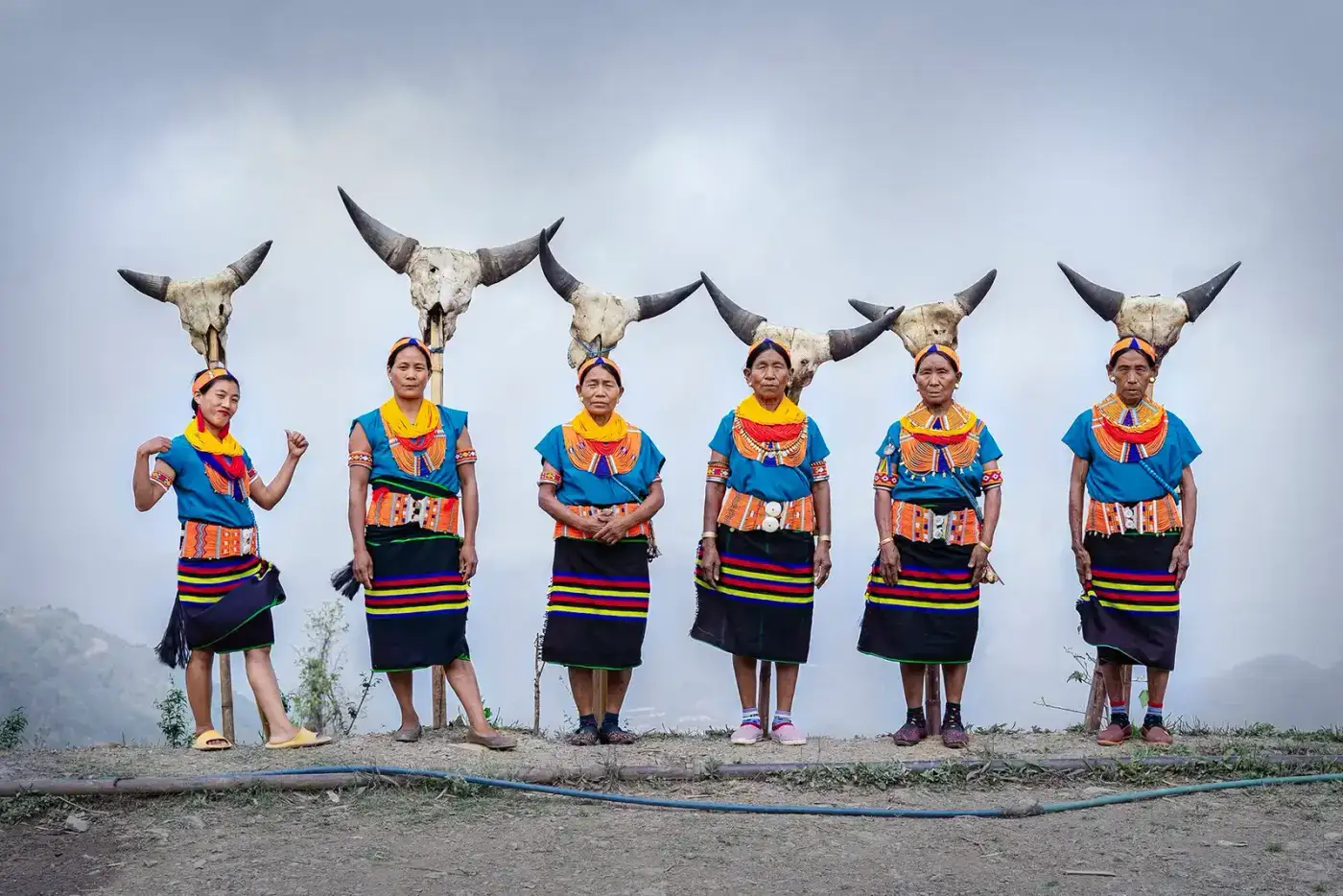 Konyak women in traditional headgear and attire