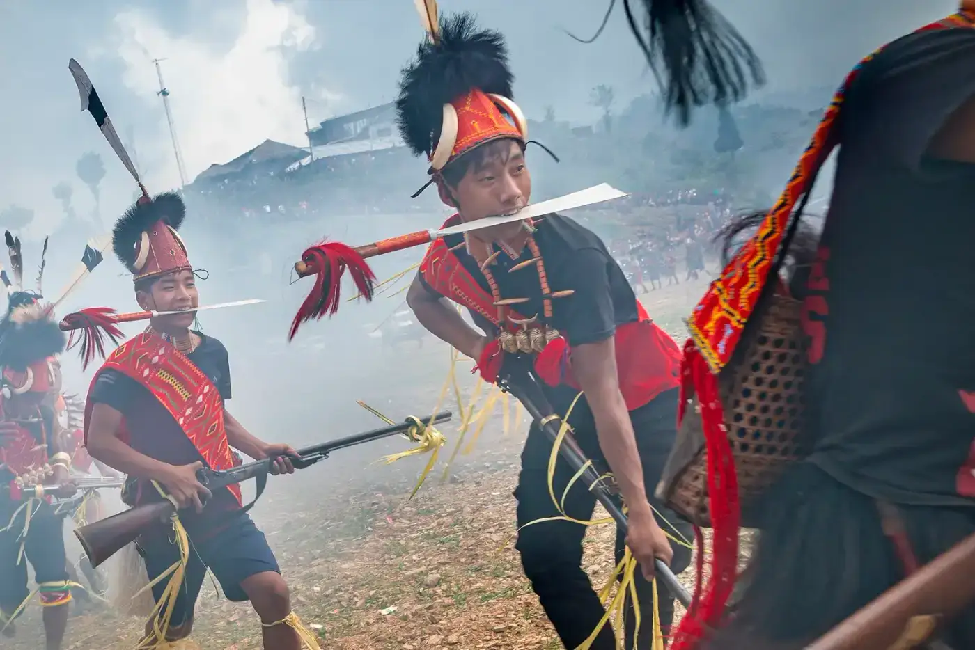 Naga warriors in traditional headgear at a festival