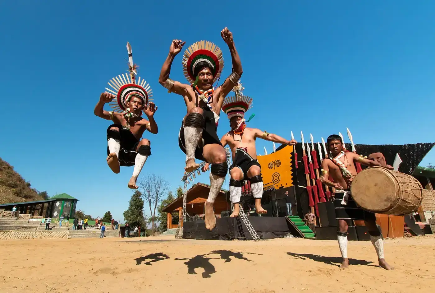 Naga warriors leaping in a dance at the Hornbill Festival