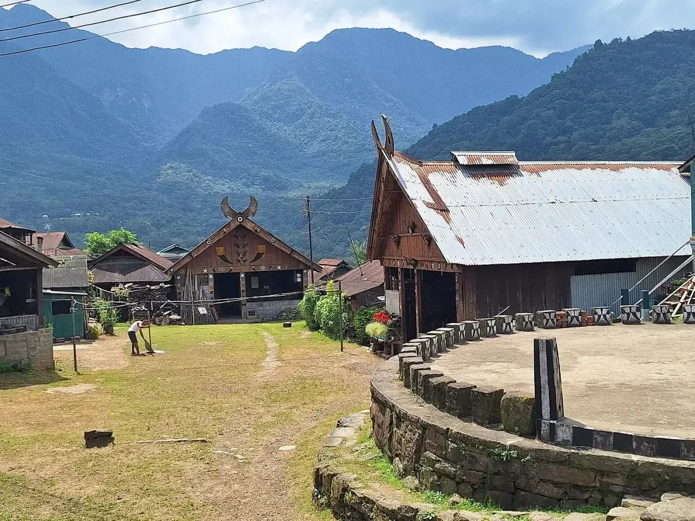 Khonoma green village with traditional houses and mountains, Nagaland