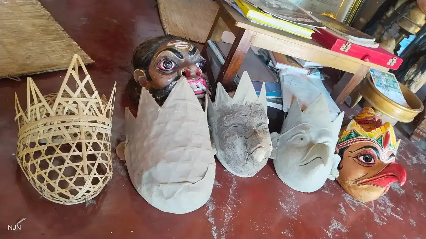 Masks in progress at a mask-making workshop in Majuli