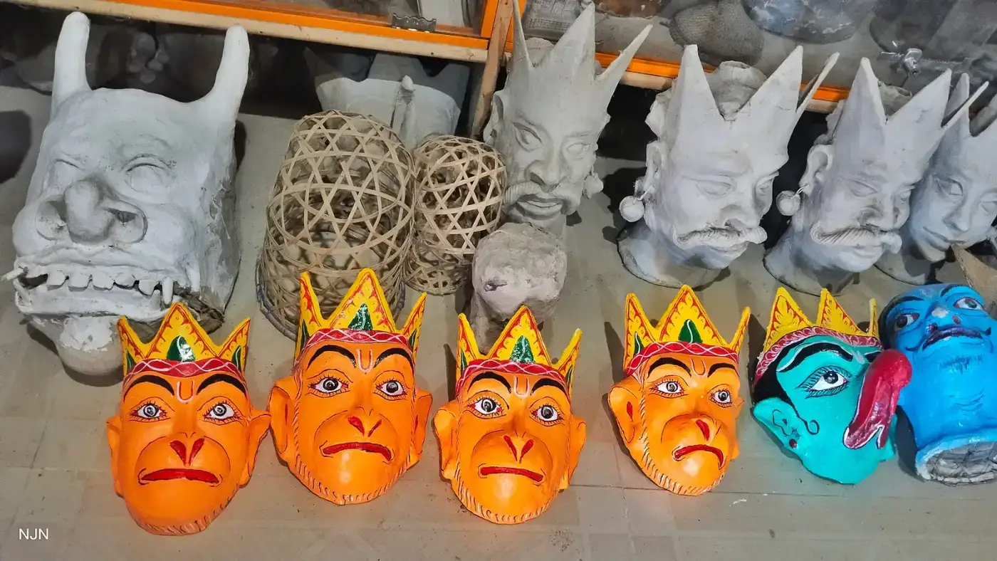 Painted Bhaona masks made at Samaguri Satra, Majuli