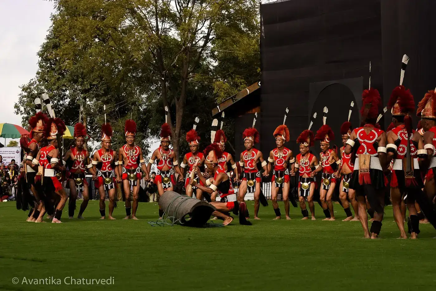 Konyak Naga men performing a traditional dance