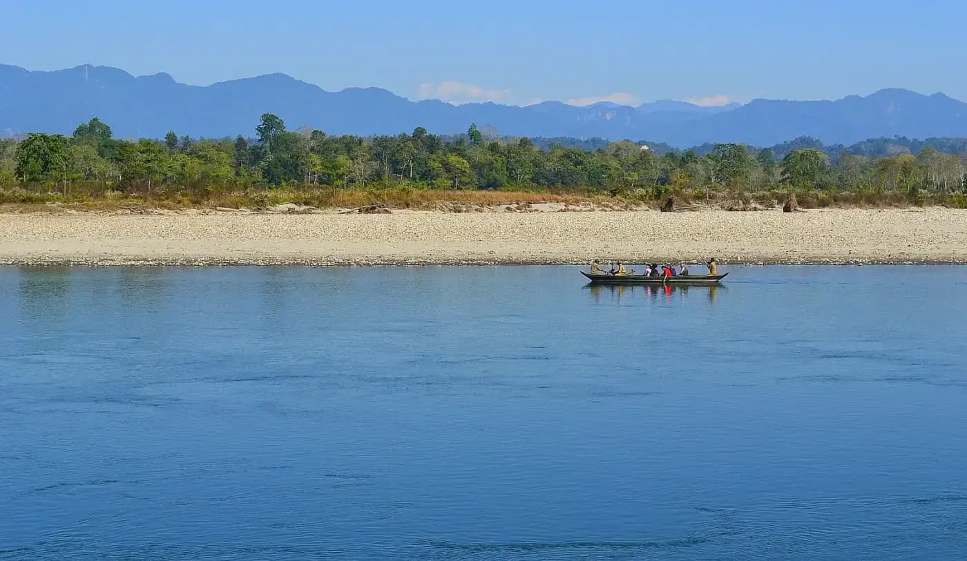 Jia Bhoreli river with the Himalayan foothills at Nameri National Park