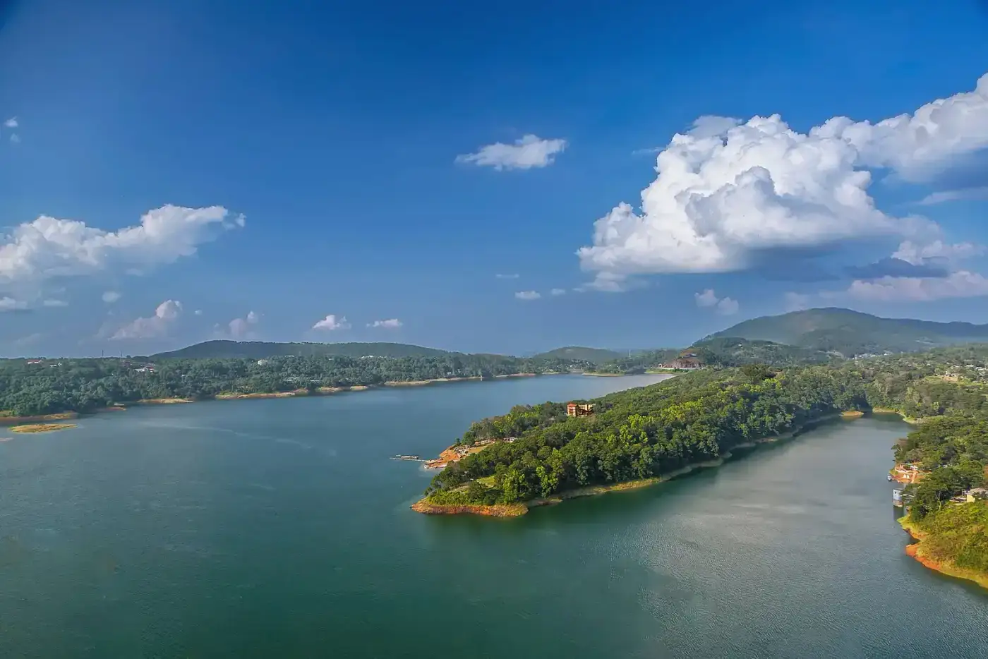 Umiam Lake with wooded islands near Shillong